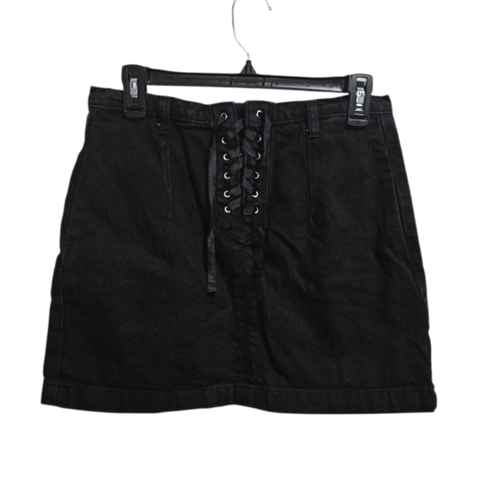 Topshop Moto Black Denim Lace-Up Mini Skirt Size 12 – High Waist, Y2K, Grunge